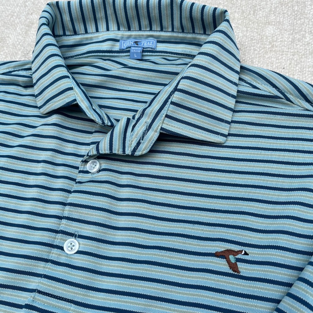 GenTeal Mens Large Blue Striped Performance Short Sleeve Golf Polo Shirt